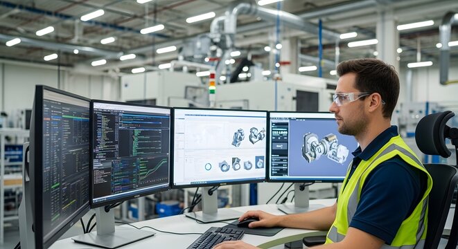 Engineer analyzing data on multiple computer screens in modern lab