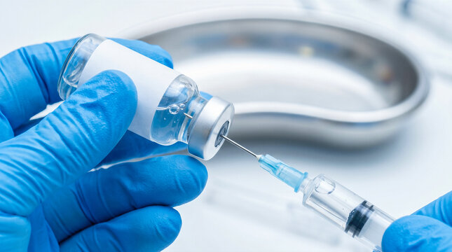 Professional medical worker wearing blue gloves holding syringe extracting clear liquid medicine from blank label glass vial preparing vaccination dose