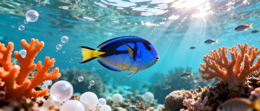 Colorful Blue Tang Fish in Coral Reef