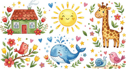 Whimsical Nature Collection Featuring Giraffe, Whale, Birds, Sun, Flowers, and a Cozy House for Kids’ Illustrations and Spring Designs © Rownok