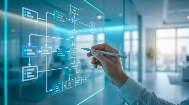 First person view corporate professional hand holding stylus drawing complex interactive digital flowchart scheme on transparent glass board inside bright modern office