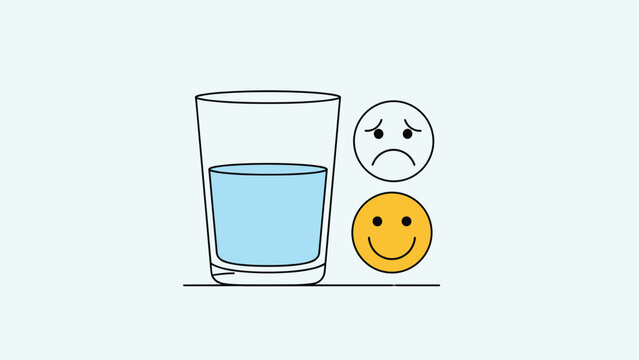 Illustration of a glass containing water next to a sad grey face and a happy orange face, representing optimism and pessimism.