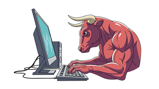 Powerful red bull with large muscles and horns sits at a desk and types on a computer keyboard representing a bullish market trend.