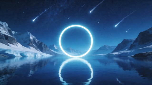 Snowy mountains with glowing ring in night sky