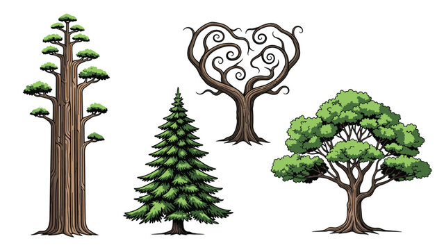 Collection of four unique trees including a tall redwood, a pine tree, a leafy oak, and a gnarled tree with heart shaped branches.