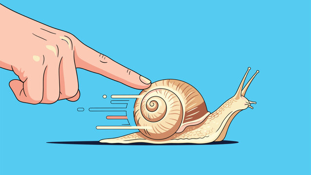 Human finger pushes a garden snail that is moving surprisingly fast with motion lines behind it on a bright blue background.