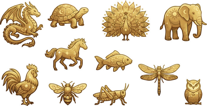 Collection of golden mystical animal figurines, including a dragon, elephant, and peacock, adorned with celestial symbols. Elegant vector illustration for esoteric, spiritual, and occult design themes
