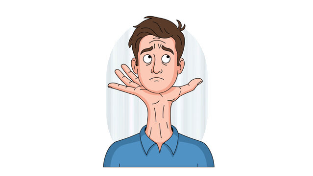 Man with a worried expression has his own head being supported by a large hand that grows directly from his neck in a surreal scene.