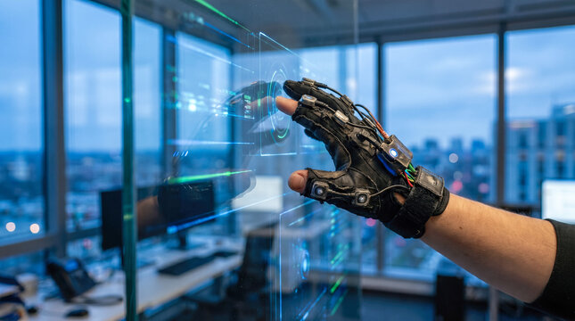 virtual reality haptic glove touching glowing blue digital interface transparent glass screen modern corporate office futuristic technology human computer interaction advanced engineering concept