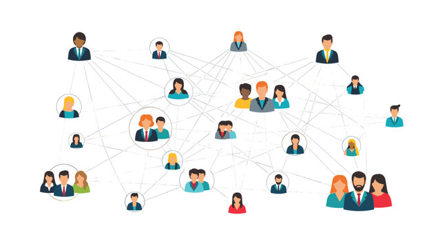 Complex social network diagram showing many people connected by dashed lines representing global communication and professional relationships.
