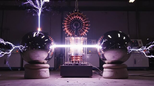 Electricity experiment with Tesla coils sparking.