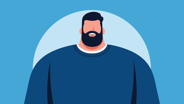 Portrait of a very large smiling man with a thick dark beard wearing a blue sweater against a soft circular blue background in a flat style.