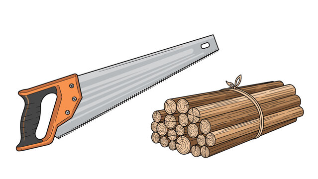 Classic hand saw with an orange handle placed next to a neatly tied bundle of wooden logs for fuel or building.