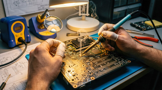 professional electronics technician hands wearing protective gloves soldering complex computer circuit board using hot iron creating smoke modern engineering microelectronics repair concept