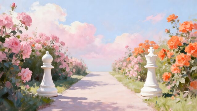 Garden path with chess pieces and flowers