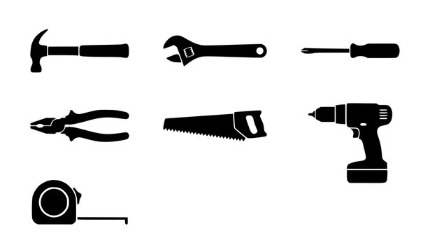 Professional Construction Hand Tool Vector Silhouette Set Featuring Hammer Wrench Screwdriver Pliers Hand Saw Power Drill and Tape Measure for Repair Branding