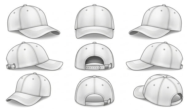 Modern white cap mockup collection with realistic baseball hat templates for branding and apparel design