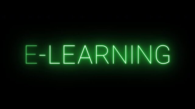 Flickering neon green glowing e-learning sign animated black background.