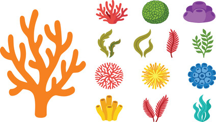Coral Reef Elements Collection with Large Coral, Seaweed, Sponges, and Marine Flora for Underwater Illustration, Ocean Design, and Tropical Aquarium Graphics © MstSuborna