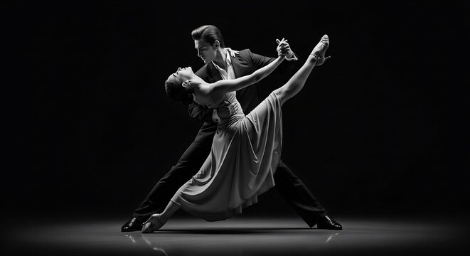 Captivating Tango Duo: Graceful Dancers in Dramatic Black & White Spotlight.