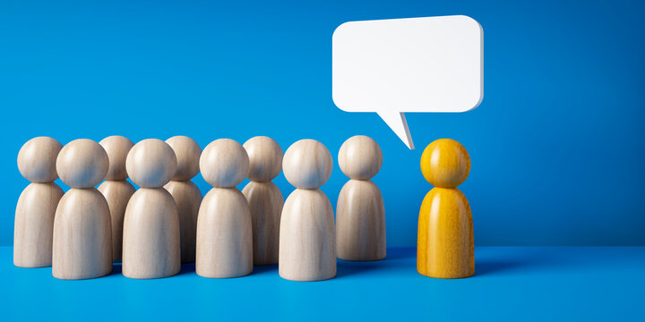 Wooden figurines in a row with speech bubble above, one yellow figure stands out as leader or speaker on blue background - 3D illustration