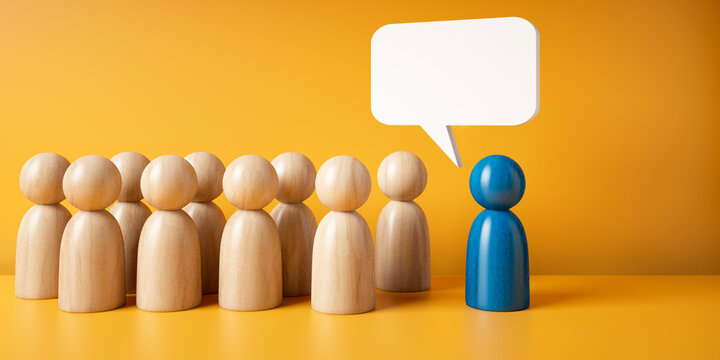 Wooden figurines in a row with speech bubble above, one blue figure stands out as leader or speaker on yellow background - 3D illustration