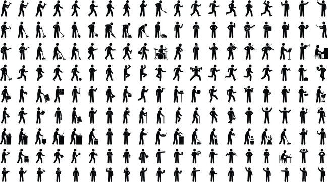 Human activity stick figure icons set showing people actions work sports daily life pictogram collection vector silhouettes
