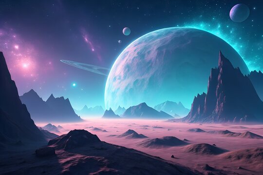 Majestic giant turquoise planet looming over a rocky alien landscape with distant moons and shimmering nebula clouds casting a soft ethereal glow across the vast craggy surface of this mysterious fara