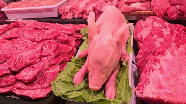 Close up view of a whole suckling pig on a market stall, showing raw meat texture, pale skin and traditional food preparation, capturing local cuisine and authentic butcher display.