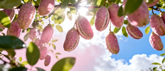 Pink Fruits Hanging on Tree with Blue Sky Background
