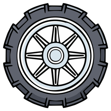 Cartoon Tire with Tread, Rim, and Hubcap Illustration
