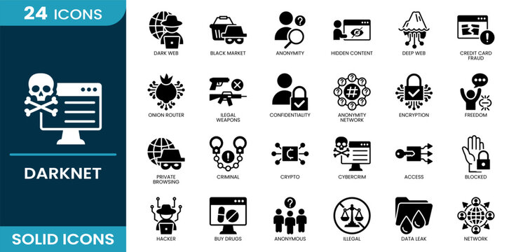 Darknet icon set. dark web, black market, anonymity, hidden content, deep web, crypto, network, blocked, hacker, cybercrime, encryption, access, data leak, anonymous. Solid vector icons.