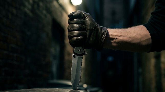 A gloved hand grips a knife in a dark alleyway at night.