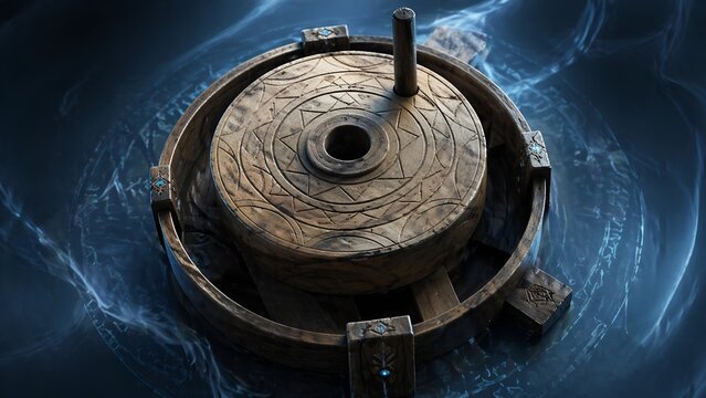 Mystical wooden artifact with glowing runes