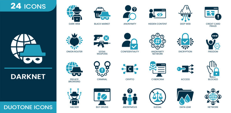 Darknet icon set. dark web, black market, anonymity, hidden content, deep web, access, anonymous, encryption, hacker, data leak, crypto, cybercrime, network, blocked. Duotone vector icons.