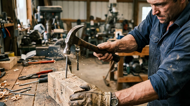 Man hammering metal in a cluttered workshop with tools and machinery