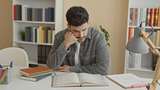 Man hand on chin studying with stacked books and open notebook at a study desk, pen cup and lamp beside him in building; thoughtful concentration.