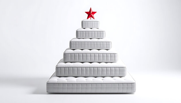 Christmas tree shape stacked mattresses topped with a red star, festive holiday sleep concept