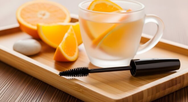 Fresh orange slice tea with lemon squeezer on tray
