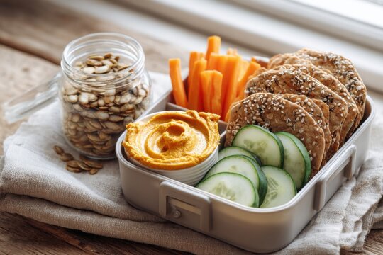 pumpkin superfood food savory antioxidant snack box with seed and vegetable for healthy diet and lunch concept. nutrition balanced health assortment with cucumber carrot and cracker