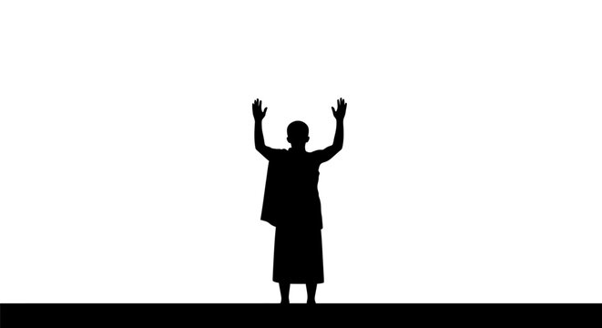 Silhouette of a Muslim male pilgrim wearing Ihram clothing standing with hands raised in prayer during Hajj or Umrah pilgrimage, isolated on white background.