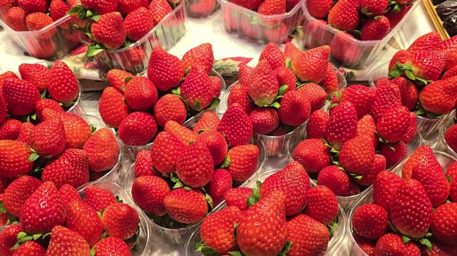 Macro shot of ripe strawberries highlighting rich red tones, soft texture and juicy surface, capturing natural fruit freshness and sweet healthy produce in a colorful and appetizing scene.