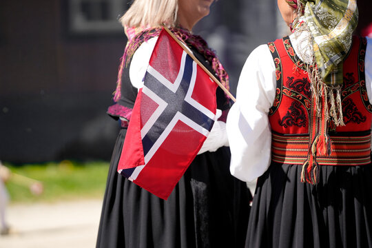 Norwegian Bunad Close Up Two Women Embroidery Detail Flag &mdash; Traditional Folk CostumeCraftsmanship May 17th Cultural Heritage Kongsberg Norway