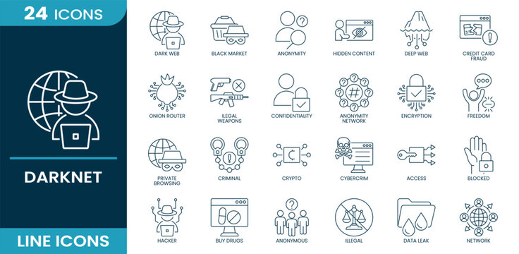 Darknet icon set. dark web, black market, anonymity, hidden content, deep web, hacker, encryption, data leak, cybercrime, network, access, crypto, anonymous, blocked. Line vector icons.