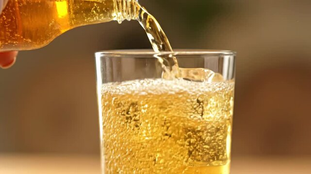 Pouring Fizzy Kombucha Tea into Glass with Ice - Fermented Probiotic Drink and Gut Health, 4k