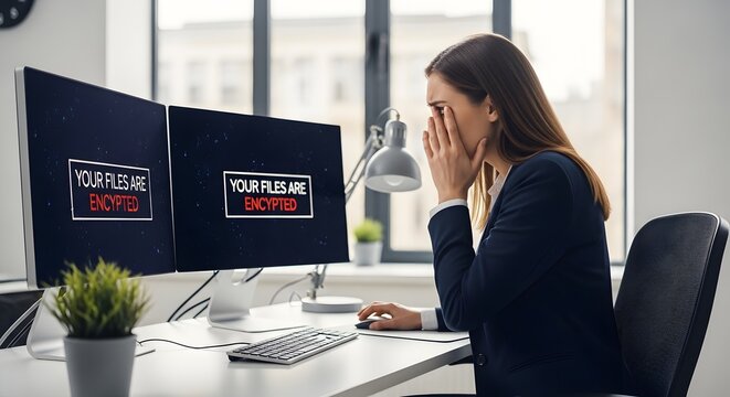 Frustrated businesswoman worried about data security and encryption