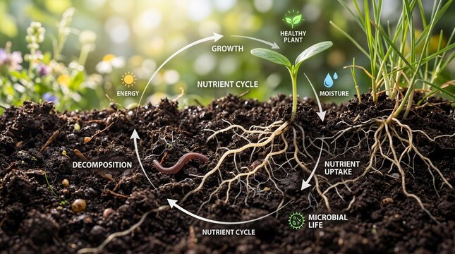 Nutrient cycle infographic showing soil health plant growth decomposition and microbial activity in a rich garden earth cross section with soft natural sunlight