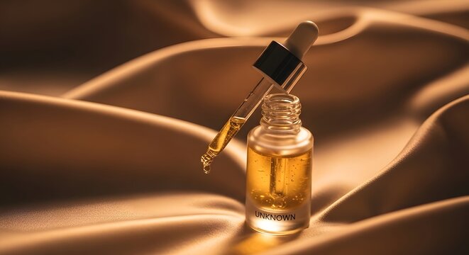 Golden oil dropping from dropper bottle on draped fabric