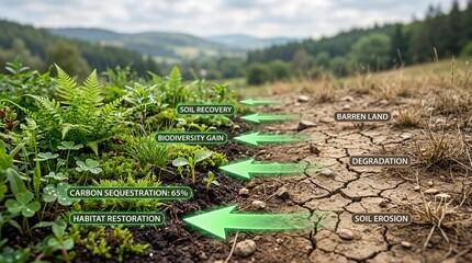 Ecological restoration concept showing soil recovery and biodiversity gain against arid land degradation with green arrows illustrating environmental sustainability