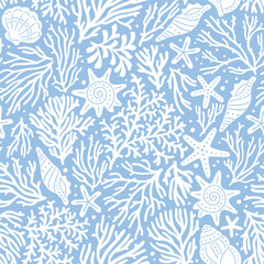 Seamless vector pattern with seashell, sea star and coral reef. Hand drawn underwater sea life illustration. Perfect for textile, wallpaper or print design. © MirabellePrint